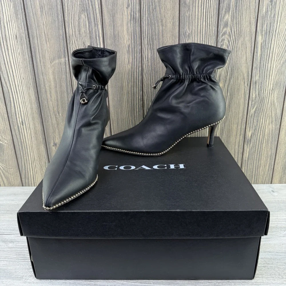 Coach Wynie Bootie C6762 Black Leather Pointed Toe Drawstring Boots Women's 9 B